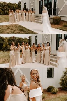 the bride and her bridal party are posing for pictures