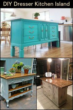 several different pictures of an old dresser and kitchen island