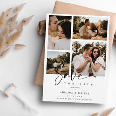 a wedding photo save the date card on top of a table next to some dried flowers