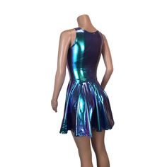 Holographic Oil Slick Skater fit n flare Tank Dress– Peridot Clothing Summer A-line Mini Dress For Costume Party, Disco Mini Dress For Party Season Festivals, Summer Festival Disco Mini Dress, Disco Style Mini Dress For Summer Festivals, Fitted Iridescent Mini Dress For Spring, Spring Fitted Iridescent Mini Dress, Spring Iridescent Fitted Mini Dress, Fitted Rave Party Dresses, Iridescent Fitted Mini Dress For Party