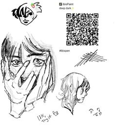 a drawing of a person holding their hand up to his face, with the qr code above it