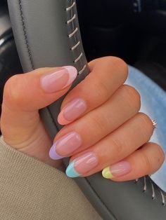 Rainbow tips with pastels for a fun summer nail design Gel Nails French, French Tip Acrylic Nails, Casual Nails, Summer Acrylic Nails, Easter Nails