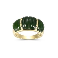 Illuminate your style with Dynasty Jade's nephrite jade band ring, showcasing a genuine carved jade gemstone. The intricate carvings enhance the ring's natural beauty, while the 18k gold-plated sterling silver setting offers a luxurious touch. Hypoallergenic and comfortable, this ring comes in a lovely gift box, making it a delightful treat for yourself. | PAJ Carved Nephrite Jade Band Ring In 18k Yellow Gold Plated Sterling Silver, 6 3 Stone Rings, Contemporary Ring, Dome Ring, Nephrite Jade, Jade Ring, Jade Carving, Domed Ring, Green Gemstones, Types Of Rings