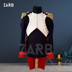 Step into the grandeur of the Napoleonic era with our authentic French Grenadier Colonel uniform. Meticulously crafted with attention to historical detail, this ensemble features a striking black coat with a flowing red tail, a pristine white waistcoat adorned with gold epaulettes, and a high collar that exudes authority. Perfect for historical reenactments, costume parties, or adding a touch of historical elegance to your wardrobe. Winter Themed Events Fitted Cosplay Costume, Winter Themed Event Cosplay Costume, White Long Sleeve Outerwear For Costume Party, Winter Larp Costumes With Long Sleeves, Winter Long Sleeve Larp Costumes, Long Sleeve Costumes For Fall Themed Events, Fitted Long Sleeve Winter Costume, Fitted Costumes For Winter Themed Events, Fitted Costume For Themed Winter Events