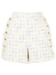 Off white/multicolour tweed-style sailor shorts from EDWARD ACHOUR PARIS featuring frayed detailing, high waist, straight hem, tweed style and double-button fastening. | Edward Achour Paris Tweed-Style Sailor Shorts Preppy Shorts, Tweed Style, Sailor Shorts, 20th Century Fashion, Chanel Fashion, Short Outfits, Lace Shorts, Ideias Fashion, Womens Bottoms