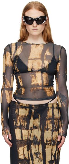 Sheer stretch polyester mesh T-shirt. Graphic pattern printed throughout. · Crewneck · Unlined Supplier color: Treading brown Mesh Shirts, Women Fashion Ideas, Mesh Outfit, Sheer Clothing, Mesh Fashion, Shirt Making, Better Things, Mesh Blouse, Mesh T Shirt