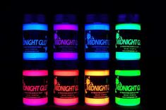 six bottles of glow paint in the dark with different colors and sizes on each bottle