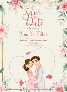 the wedding card is decorated with pink flowers and greenery, as well as a couple hugging