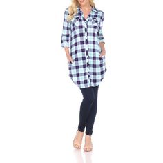 White Mark Women's Piper Plaid Tunic Top is the perfect button up for all year round. This Tunic is made with a light weight stretch fabric and available in assorted plaid prints. The Piper Plaid Tunic Top features hidden side pockets and long sleeves, finished with buttoned roll-tab cuffs. Size: M.  Color: Gray.  Gender: female.  Age Group: adult. Organic Clothes, Purple Tunic, Tunics Online, Red Tunic, Work Uniform, Plaid Tunic, Comfy Clothes, Flare Leg Jeans, Women Tunic Tops