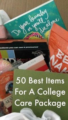 some books and other items in a box with the words 50 best items for a college care package