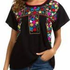 Yzxdorwj Women's Summer Casual Embroidered Blouse Short Sleeve Top New With Tags Size Xxl Spring Black Embroidered Shirt, Black Embroidered Shirt For Spring, Black Crew Neck Blouse With Floral Embroidery, Black Embroidered Summer Blouse, Traditional Black Crew Neck Top, Traditional Black Shirt With Floral Embroidery, Casual Black Blouse With Floral Embroidery, Black Casual Top With Geometric Embroidery, Black Summer Blouse With Geometric Embroidery