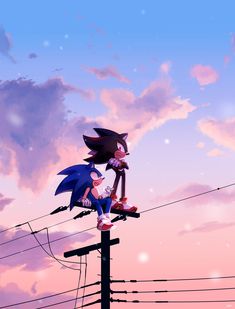 two cartoon characters standing on top of power lines in front of a pink and blue sky