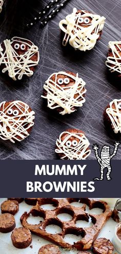 chocolate covered cookies with white icing and faces on them are shown in front of the words, mummy brownies