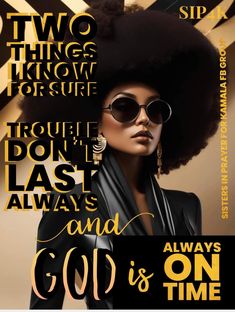 a woman with an afro in front of a black and gold poster that says, two things