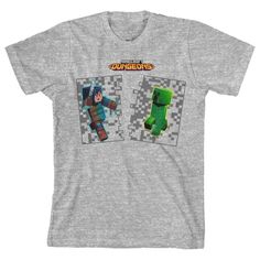 a gray shirt with an image of the character from minecraft on it's chest