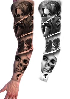 a woman's arm with multiple images of her face and hands in different sections