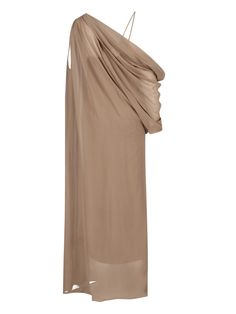 Khaite 'Taj' draped maxi dress in caramel beige silk chiffon with asymmetric design, deep V-neck, sleeveless, thin straps, straight hem. Composition: 100% Silk Draped Silk Dress, Portrait Dress, Drape Maxi Dress, Wang Dress, Versace Sweatshirt, Italian Luxury Brands, Beige Silk, Zimmermann Dress, Designer Drapes