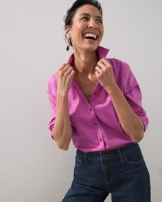 It's no wonder our No Iron stretch shirt is a customer favorite. Made from a cotton-blend fabric with stretch, it moves with you for all-day comfort and stays fresh-looking with its No Iron ease. Now in a 3/4-length sleeve style, it's perfect in any season—on its own or as a base layer under a jacket or sweater. No Iron cotton-blend fabric with stretch. Classic fit with 3/4-length sleeves and button-placket front with collar. Regular length: 28". Petite length: 26.5". 62% cotton, 33% polyester, 3/4 Length Sleeve Blouses, Best Shirts For Petite Women, Cotton Sweaters, Mark Price, Dresses Pants, Womens Designer Fashion, Sweaters And Jeans, Pants Jeans, Base Layer