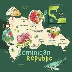 an illustrated map of the region of domican repubic with images of people and animals