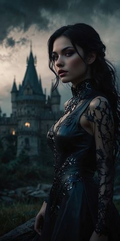 a woman in a black dress is standing near a castle with dark clouds behind her