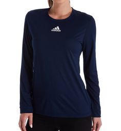 Long performance t-shirt gives you more wicking coverage with light stretch and a more cottony texture. Made of polyester. Crewneck with a smooth band. Long sleeves with smooth knit cuffs. Adidas logo at center of chest. Climalite wicking tech helps fabric breathe, shuttles moisture away and therefore dries out more quickly. Reflective detail at back right, above hem. Tag attached to inner neck. Regular fit. Adidas Women's Creator Climalite Long Sleeve Crew Neck Tee in Blue (12H6) | Size 2XL | H Adidas Breathable Crew Neck T-shirt, Adidas Crew Neck Functional Activewear, Adidas Crew Neck Activewear For Sports Events, Adidas Functional Crew Neck Activewear, Adidas Activewear Crew Neck, Adidas Moisture-wicking T-shirt For Sports, Adidas Crew Neck Go-dry Tops, Adidas Crew Neck Tops For Light Sports, Adidas Moisture-wicking Athletic Fit Top