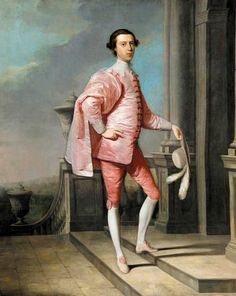 a painting of a man in pink and white clothes standing on steps with a dog