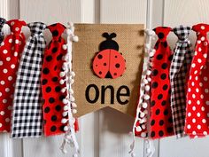 a ladybug banner hanging on the front door with red and black polka dots