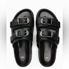 Flat Leather Sandals With Buckled Straps And Metal Appliqus. Rounded Toe New With Tags Comes With Zara Dust Bag Size Us 9 Or 40 Sole Height 0.8 In (2cm) Insole 100% Sheep Leather Sole 100% Sbs Lining 100% Polyurethane Upper 100% Polyurethane Black Flat Sandals With Metal Pin Buckle, Black Leather Footbed Sandals With Tang Buckle, Black Double Strap Footbed Sandals With Tang Buckle, Black Tang Buckle Sandals For Summer, Black Footbed Sandals With Tang Buckle For Summer, Trendy Leather Sandals With Tang Buckle, Zara Black Leather Sandals, Chic Zara Sandals With Buckle Closure, Zara Black Sandals With Buckle Closure