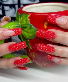 Strawberry Nails Square, Fruit Nails Square, Strawberry Inspired Nails, Juicy Nails, Red Strawberry Nails Acrylic, Strawberry Themed Nails, Strawberries Nails, Square Gel X Nails, Fruit Acrylic Nails