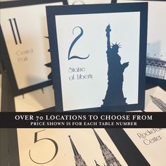 new york city skyline with the statue of liberty on it's back, and text overlaying two locations to choose from price shows for each table in number