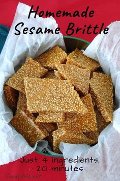 homemade sesame brittles in a bowl on a red and white tablecloth with text overlay