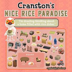 an image of a cartoon character's nice rice paradise info sheet for the game