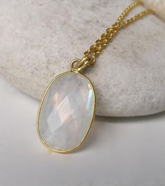 Faceted Oval Moonstone Necklace- Rainbow Moonstone Layering Necklace- Rainbow Gemstone Gold Necklace Oval Moonstone Necklace For Anniversary, Moonstone Oval Pendant Necklace With Birthstone, Oval Necklace With Large Stone For Gifts, Gift Necklace With Large Oval Stone, Moonstone Gemstone Oval Necklace, Handmade Oval Moonstone Necklaces, Oval Moonstone Gemstone Necklace, Handmade Oval Moonstone Necklace, Spiritual Oval Moonstone Necklace