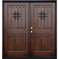 two wooden doors with metal handles and knobs on each side, one is brown