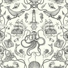 an octopus and other marine creatures are depicted in this black and white pattern on fabric