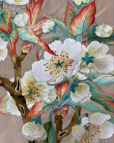 a painting of white flowers on a brown background with red, green and blue leaves