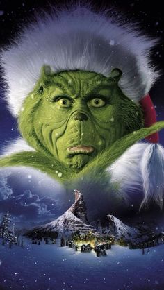 the grinch christmas movie poster with an image of a man in santa claus's hat