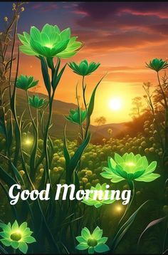 the words good morning are written in green flowers