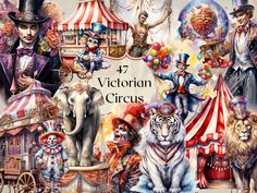 a group of circus clowns and tigers in front of an elephant, lion, horse carriage