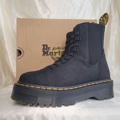 Us Womens 8 Mens 7 Uk 6 Eu 39 Best Fit Womens 8-8.5 Like New In Box Discontinued Style Chunky 1.75in Quad Soles Elastic Gussets For Easy On/Off Some Of The Comfiest Docs Out There!! Black Suede Lace-up Boots With Rubber Sole, Suede Boots With Branded Insole For Streetwear, Black Suede Boots With Leather Footbed, Suede Boots With Leather Sole For Streetwear, Black Suede Boots For Streetwear, Black Suede Boots With Branded Insole, Suede Boots With Lug Sole For Streetwear, Black Suede Moto Boots With Reinforced Heel, Suede Ankle-high Boots For Streetwear