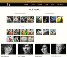 the homepage for audiobooks is shown in black and white, with images of people