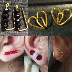 four different types of ear piercings are shown in three different pictures, one is gold and the other is black