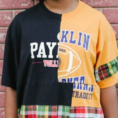 1 Of 1. Upcycled Sporty Patchwork Tops For College, Patchwork Cotton Tops For College, Multicolor Short Sleeve Tops For College, Retro Yellow Tops For College, Multicolor Crew Neck Tops For College, Multicolor Short Sleeve T-shirt For College, Casual Yellow Tops For Game Day, Yellow Graphic Print Top For Game Day, Yellow Color Block Tops For Streetwear