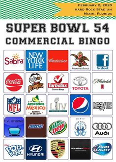 an advertisement for the super bowl 54 commercial bingo game, with many logos on it