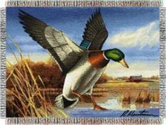 a painting of a duck flying over water