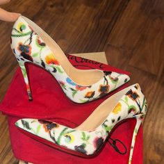 Christian Louboutin Women's So Kate Pumps Printed Patent 120. New/ Never Worn. Will Come With 2 Cl Dust Bags And Box White Heels With Red Sole For Spring, White Heels With Red Sole, Chic White Heels With Floral Print, Chic White Floral Print Heels, White Pointed Toe Heels With Red Sole, Multicolor Heels With Red Sole For Spring, Elegant Multicolor Heels With Red Sole, Christian Louboutin Women, So Kate