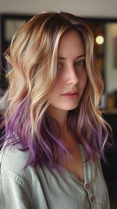 25 Stunning Dirty Blonde Hair Ideas for Your Chic 2024 Look Underlayer Hair Color Blondes, Blonde Hair Brunette Underneath, Subtle Vivid Hair Color Ideas, Blonde With Fun Colors, Bright Colored Hair Ideas, Purple Hair Blonde Highlights, Pop Of Color In Blonde Hair, Purple Tips Hair Blonde, Purple Money Piece Hair Blonde