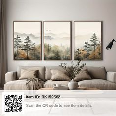 a living room with three paintings on the wall