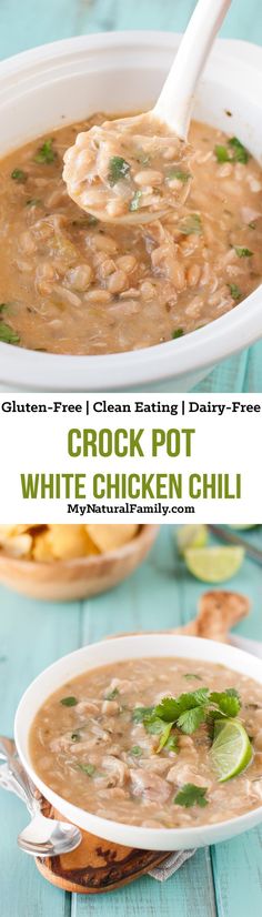 two bowls of crock pot white chicken chili on a blue wooden table with text overlay