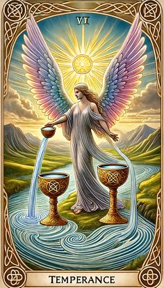 an angel with two cups in front of it and the words,'temperance